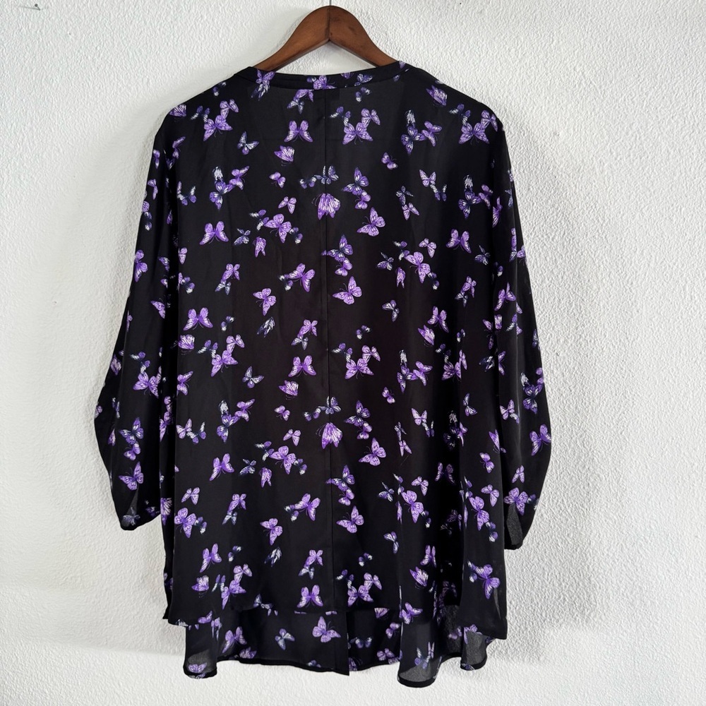 Butterfly Roll Tab Blouse 2X 22/24 Catherines Black Purple Art-to-Wear Shirt Lux - Picture 8 of 9